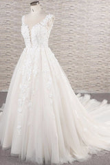 Mooie lange A-Line Tule Lace Appliques Backless trouwjurk