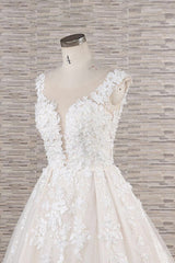 Mooie lange A-Line Tule Lace Appliques Backless trouwjurk