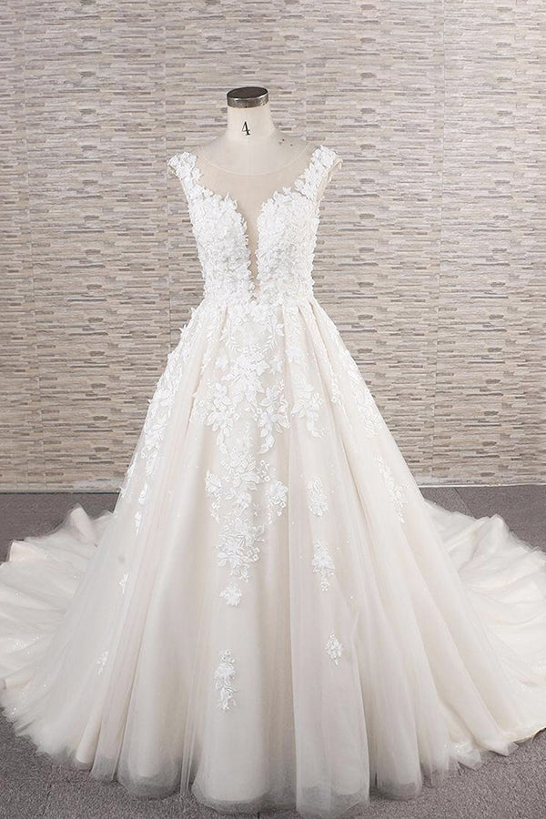Mooie lange A-Line Tule Lace Appliques Backless trouwjurk