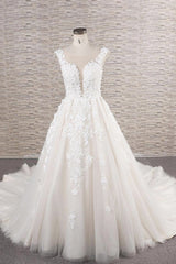 Mooie lange A-Line Tule Lace Appliques Backless trouwjurk