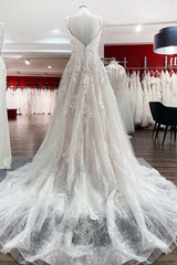 Mooie lange A-Line Tule Lace V Neck Open Back Wedding Jurken