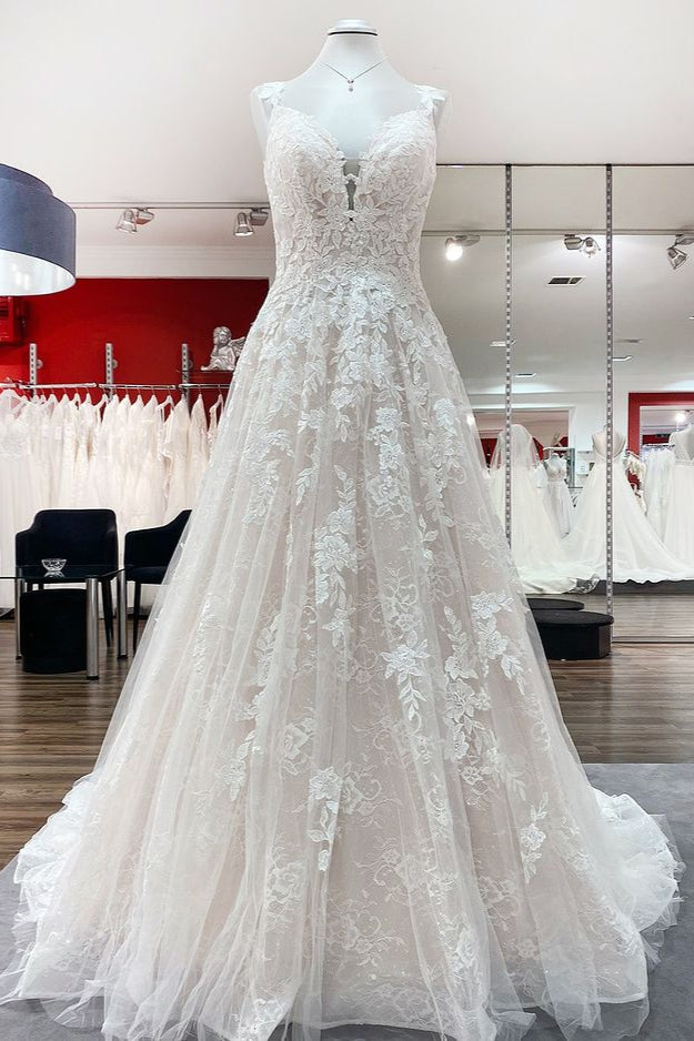 Mooie lange A-Line Tule Lace V Neck Open Back Wedding Jurken