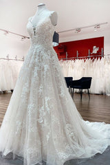 Beautiful Long A-Line V-Neck Tulle Lace Wedding Dress with Ruffles and Open Back