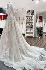 Beautiful Long A-Line V-Neck Tulle Lace Wedding Dress with Ruffles and Open Back