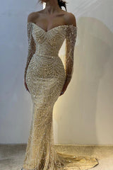 Vintage Champagne Prom Dress Glittering Beaded Sequin Evening Off-the-shoulder Party Dress Long Formal Dress HZ1024