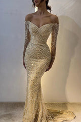 Vintage Champagne Prom Dress Glittering Beaded Sequin Evening Off-the-shoulder Party Dress Long Formal Dress HZ1024