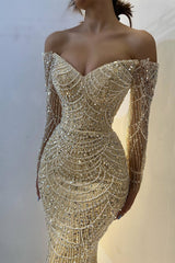 Beautiful Off-the-Shoulder Long Sleeves Prom Dress Mermaid Pearls With Beads