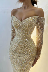 Beautiful Off-the-Shoulder Long Sleeves Prom Dress Mermaid Pearls With Beads
