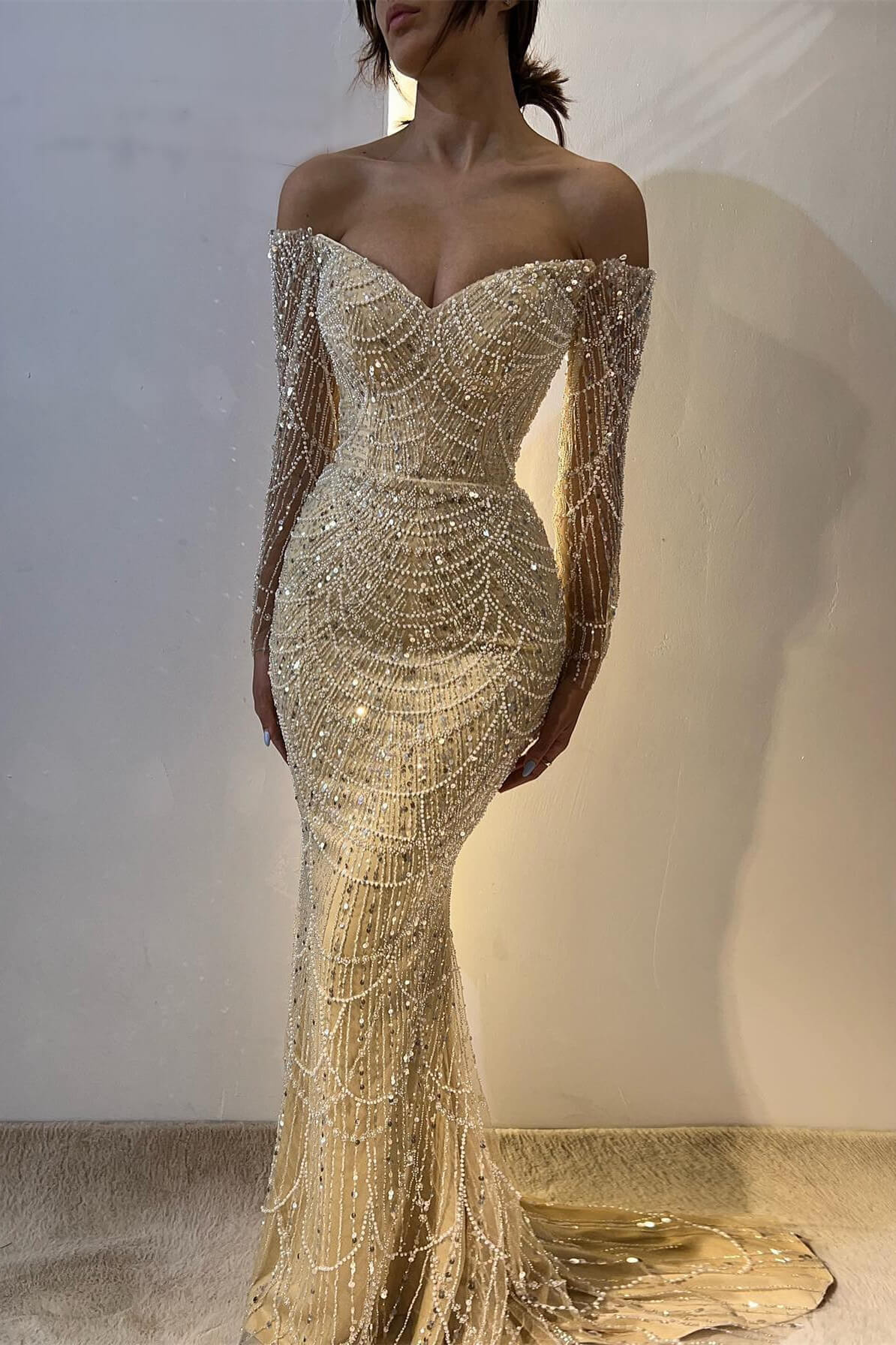 Beautiful Off-the-Shoulder Long Sleeves Prom Dress Mermaid Pearls With Beads