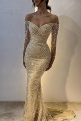 Beautiful Off-the-Shoulder Long Sleeves Prom Dress Mermaid Pearls With Beads