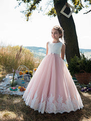 Beautiful Princess Sleeveless Jewel Neck Flower Girl Dress with Tulle Cotton, Lace Belt and Appliques