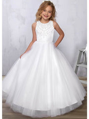 Beautiful Satin Tulle A-Line Flower Girl Dress with Beadings and Sleeveless Jewel