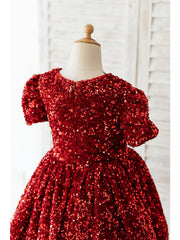 Beautiful Short Sleeve Jewel Neck Knee Length Flower Girl Dress With Sequined