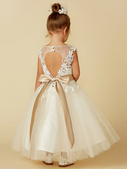Beautiful Sleeveless Jewel Neck Ball Gown with Belt Buttons & Beading for Flower Girl Dress Lace Tulle