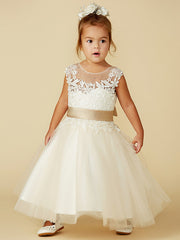 Beautiful Sleeveless Jewel Neck Ball Gown with Lace Tulle, Belt, Buttons, and Beading