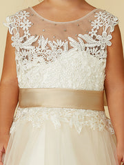 Beautiful Sleeveless Jewel Neck Ball Gown with Lace Tulle, Belt, Buttons, and Beading