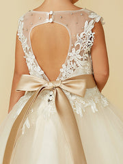 Beautiful Sleeveless Jewel Neck Ball Gown with Lace Tulle, Belt, Buttons, and Beading