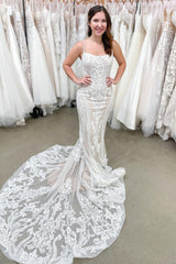 Beautiful Spaghetti Straps Mermaid Wedding Dress with Appliques Lace