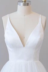 Mooie witte lange A-Line V-hals tule tule backless trouwjurk