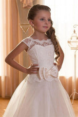 Beige Lace Flower Girls Dress with Short Sleeves and Scoop Neck
