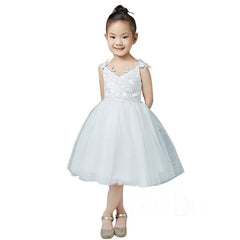 Beige V-Neck Sleeveless Ball Gown Flower Girls Dress