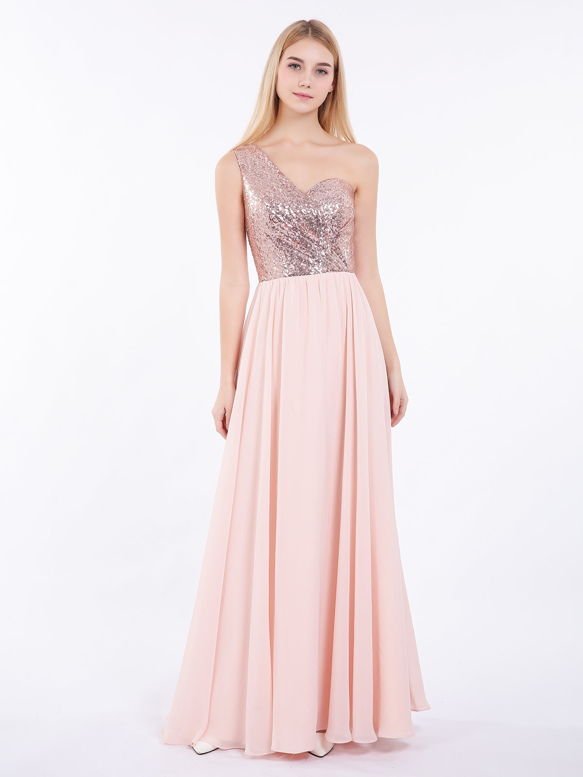 Sequins Bodice Chiffon Skirt Dress Rose Gold