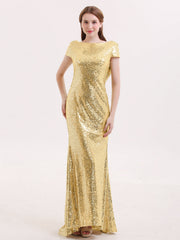 Sequins Lace Bridesmaid Dress with Cap Sleeves Gold
