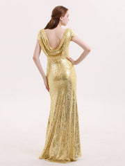 Sequins Lace Bridesmaid Dress with Cap Sleeves Gold