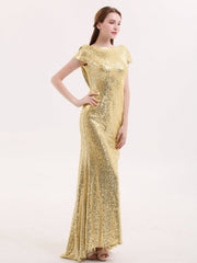 Sequins Lace Bridesmaid Dress with Cap Sleeves Gold