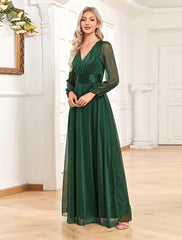 Aimishang  A-Line Evening Gown Sparkle & Shine Dress Formal Wedding Party Dress Floor Length Long Sleeve V Neck Chiffon with Sequin
