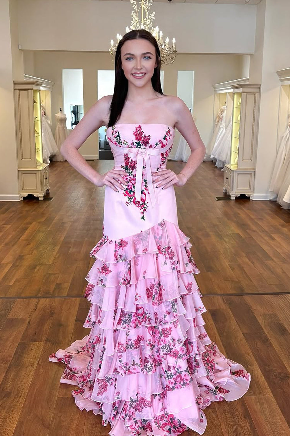 Mermaid Strapless Pink Floral Printed Ruffle Tiered Long Prom Dresses