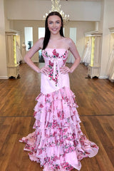 Mermaid Strapless Pink Floral Printed Ruffle Tiered Long Prom Dresses