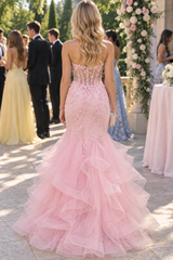 Pink Strapless Sleeveless Appliques Mermaid Ruffles Long Prom Dress