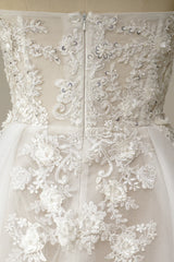 White A Line Strapless Train Dress Wedding Dress with Appliques