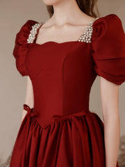 A-Line Satin Burgundy Long Prom Dress, puff sleeves Long Burgundy Formal Dress