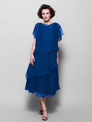 A-Line Mother of the Bride Dress Plus Size Elegant Cowl Neck Tea Length Chiffon Short Sleeve with Ruffles Crystal