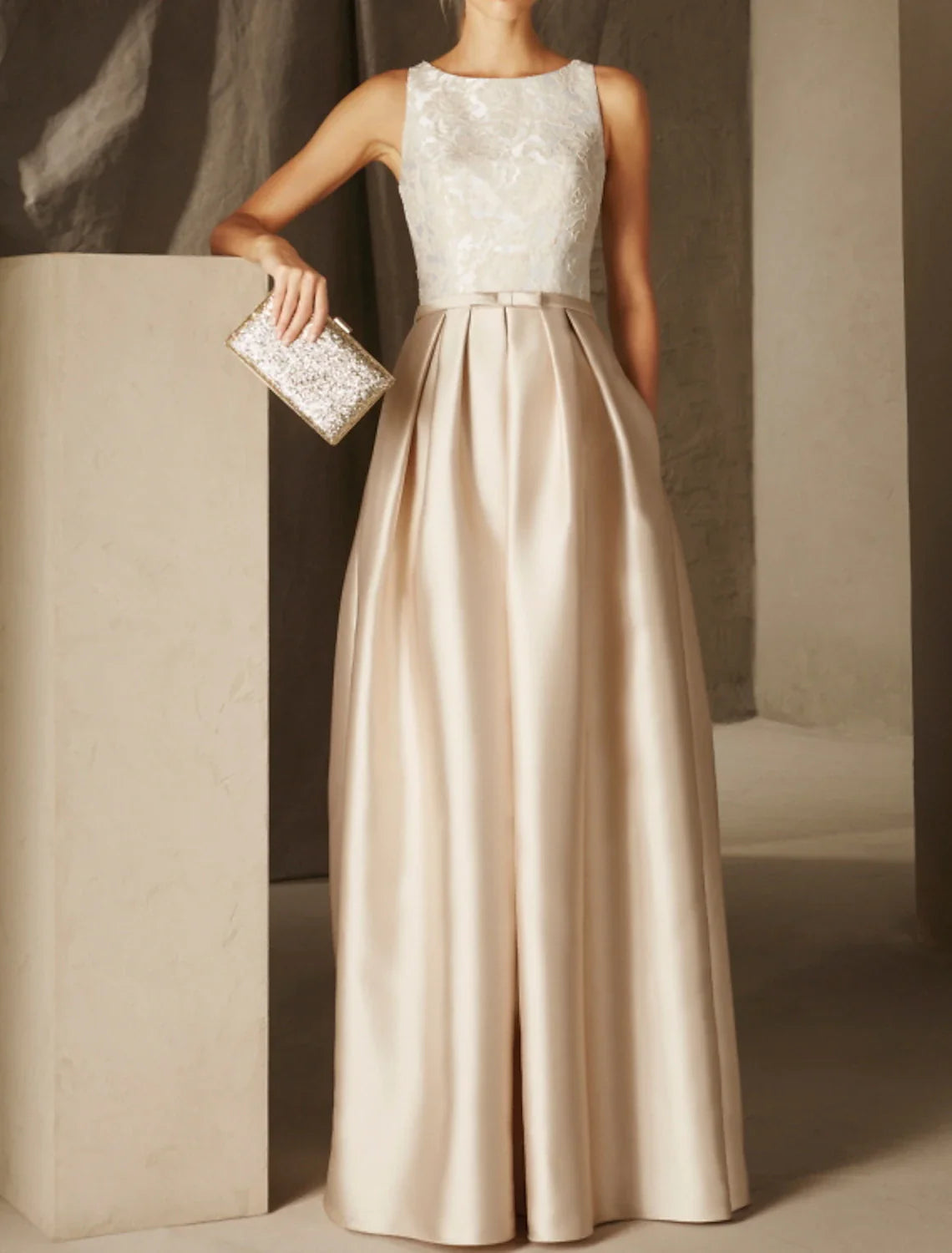 Aimishang A-Line Party Dress Empire Elegant Wedding Guest Formal Evening Dress Jewel Neck Sleeveless Floor Length Satin with Sash / Ribbon Pleats Appliques