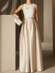 Aimishang A-Line Party Dress Empire Elegant Wedding Guest Formal Evening Dress Jewel Neck Sleeveless Floor Length Satin with Sash / Ribbon Pleats Appliques