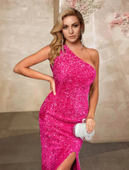 Sexy Prom Dresses Sparkle & Shine High Split Formal Evening Dress Mermaid One Shoulder Sleeveless Sweep / Brush Train Sequined with Sequin