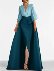 A-Line Evening Gown Elegant Dress Formal Sweep / Brush Train Half Sleeve V Neck Satin with Bow(s) Pleats Slit 2025