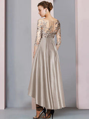 A-Line Mother of the Bride Dress Wedding Guest Elegant High Low Scoop Neck Asymmetrical Tea Length Satin Lace Half Sleeve with Pleats Appliques