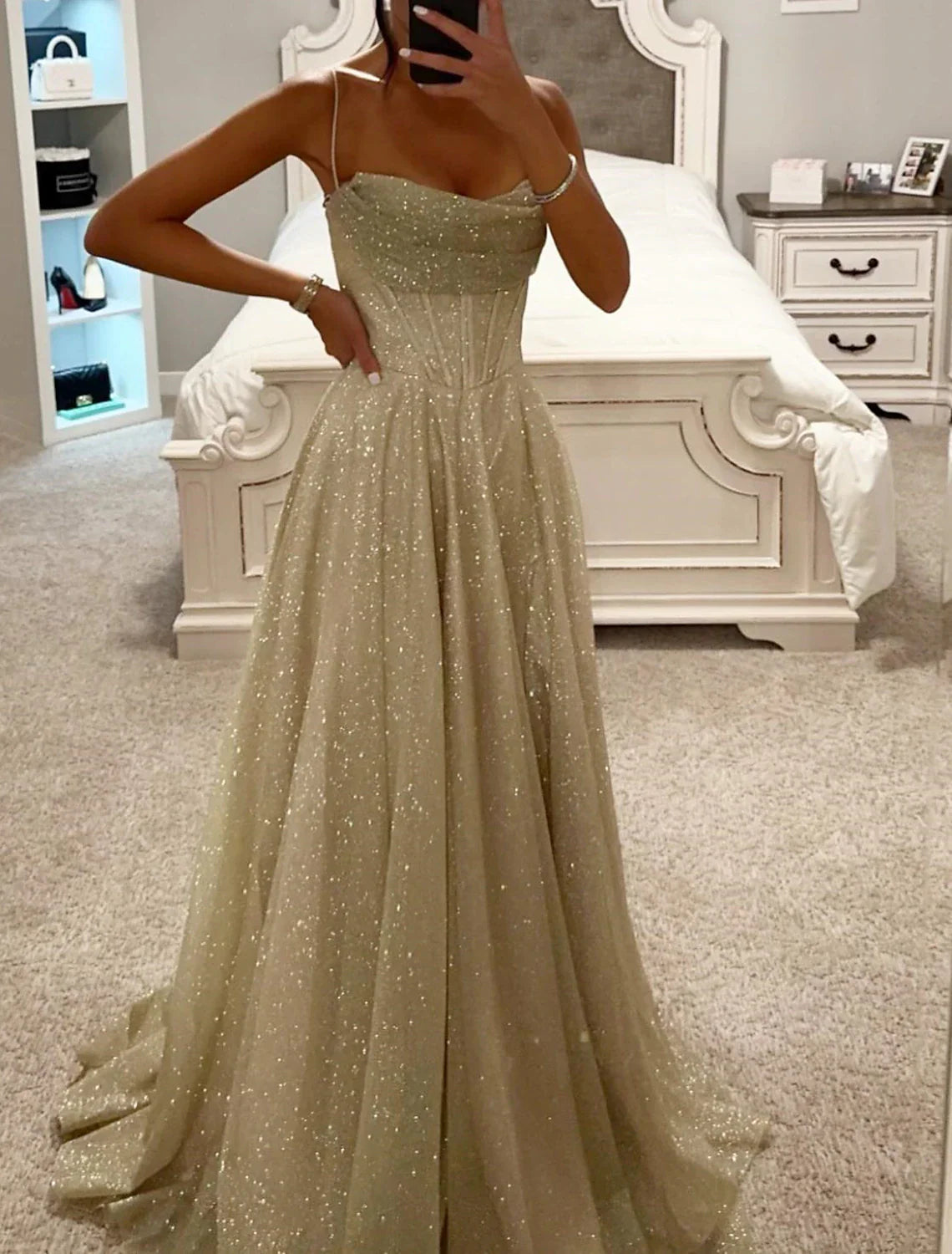 A-Line Prom Dresses Glittering Dress Formal Evening Party Sweep / Brush Train Sleeveless Cowl Neck Tulle with Glitter Slit