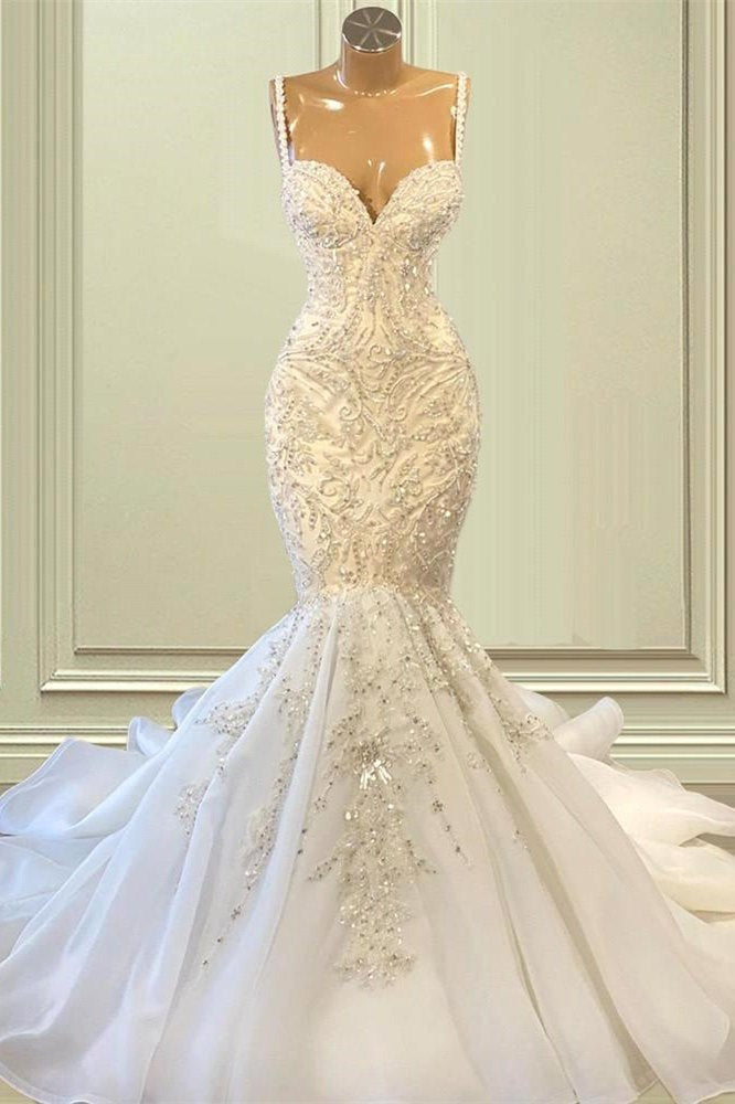 Biztunnel elegante lange zeemeermin lieverd mouwloze tule kanten bruiloft jurk