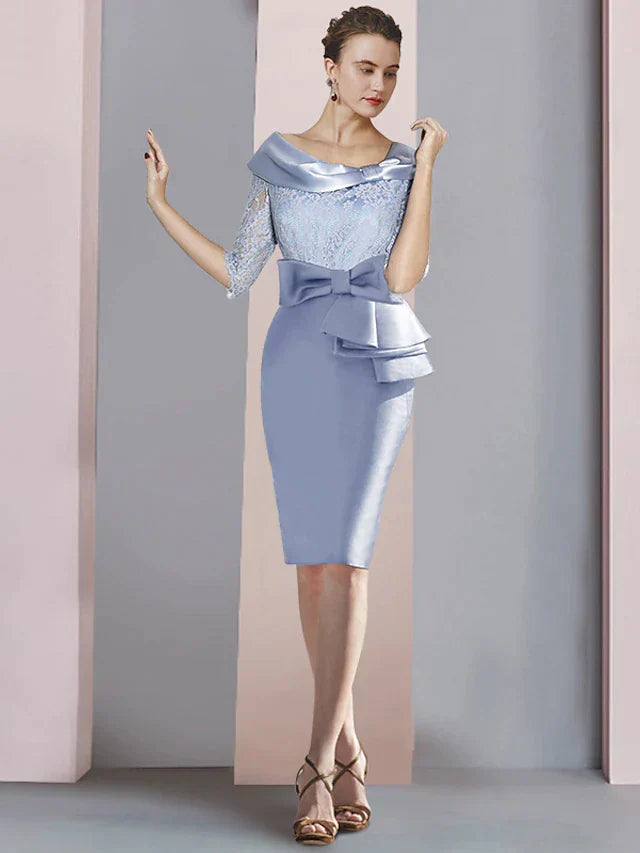 DingjiSheath / Column Mother of the Bride Dress Wedding Guest Party Elegant Scoop Neck Knee Length Satin Lace Half Sleeve with Bow(s) Ruching
