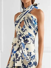 Women's Long Dress Maxi Dress Party Dress Homecoming Dress Cocktail Dress Print Classic Elegant Dress Party Outdoor Wedding Guest Ruffle Zipper Sleeveless Halter Dress Regular Fit Blue Summer