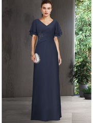 Aimishang Sheath / Column Mother of the Bride Dress Elegant V Neck Floor Length Chiffon Short Sleeve with Appliques Ruching