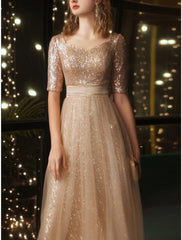 A-Line Prom Dresses Elegant Dress Formal Ankle Length Short Sleeve Square Neck Sequined with Glitter Pleats Ruched