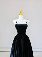 Spaghetti Strap Velvet Long Prom Dress with Pearls, Black Evening Dress Party Dress