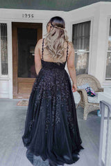 Elegant A-line Long Baby Blue Straps V-Neck Lace Prom Dress