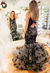 Black V-Neck Lace Long Prom Dresses, Mermaid Evening Dresses